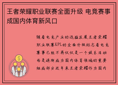 王者荣耀职业联赛全面升级 电竞赛事成国内体育新风口